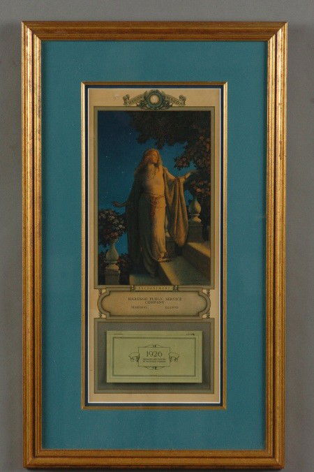 AN ORIGINAL MAXFIELD PARRISH CALENDAR, 'ENCHANTMENT' : Uncropped, full pad Edison Mazda 1926 calendar, beautifully framed and matted with a sight size of 18 x 7.5 inches. Overall framed size of 26 x 15.25 inches.