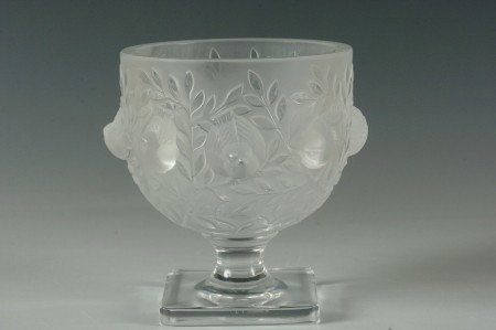 LALIQUE 'ELIZABETH' FRENCH CRYSTAL VASE: Chalice form vase with frosted birds among clear leaves, engraved signature under the base, measures 5.5 x 6 inches
