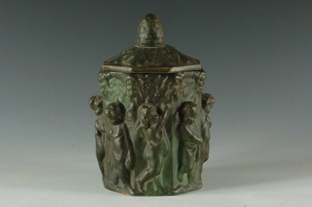 SIGNED GREEN MATTE TERRA COTTA HUMIDOR W/CHERUB FIGURES: Bottom marked 'Atlantic, S33.' Measures 10 x 6 inches with lid.