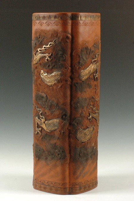 QING DYNASTY CHINESE UMBRELLA STAND WITH DRAGON: Measures 23.5 x 8.5 inches.