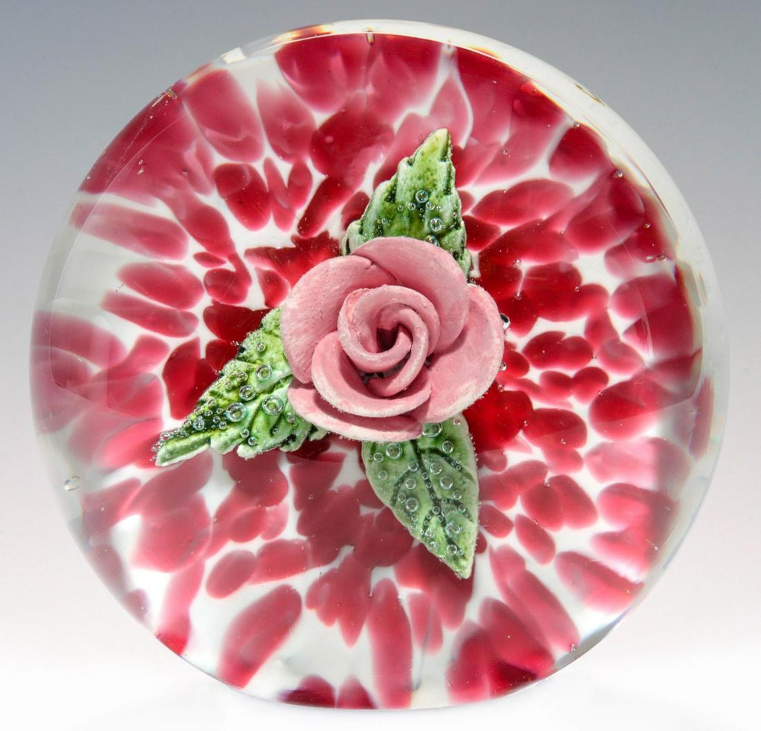 A RARE ST. CLAIR PAPERWEIGHT WITH PINK CERAMIC ROSE (1 of 10)