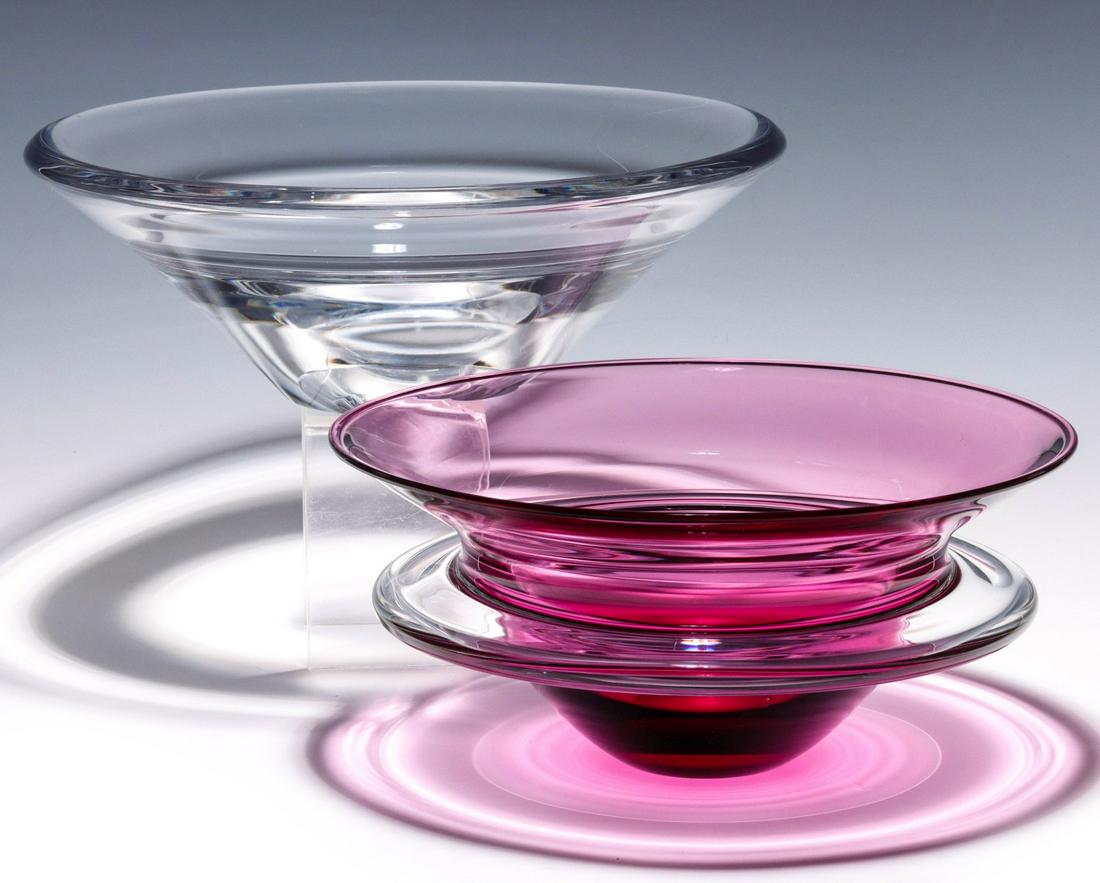 GORAN WARFF FOR KOSTA BODA & JOE NIELANDER SATURN BOWL: The two examples of high quality, clean crystal includes. 1. Gordon Warff (1933-2022) for Kosta Boda designed the heavy angular contemporary clear bowl. Signed Kosta 57904 Warff on the base. 2. Heavy