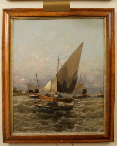 J. CLAITON/GEORG FISCHOF (1859 - 1920) MARITIME OIL : 19th Century oil on canvas in period Bird's Eye Maple frame, signed lower right with the pseudonym J. Claiton, measures 26 x 21 inches in 30 x 25 frame