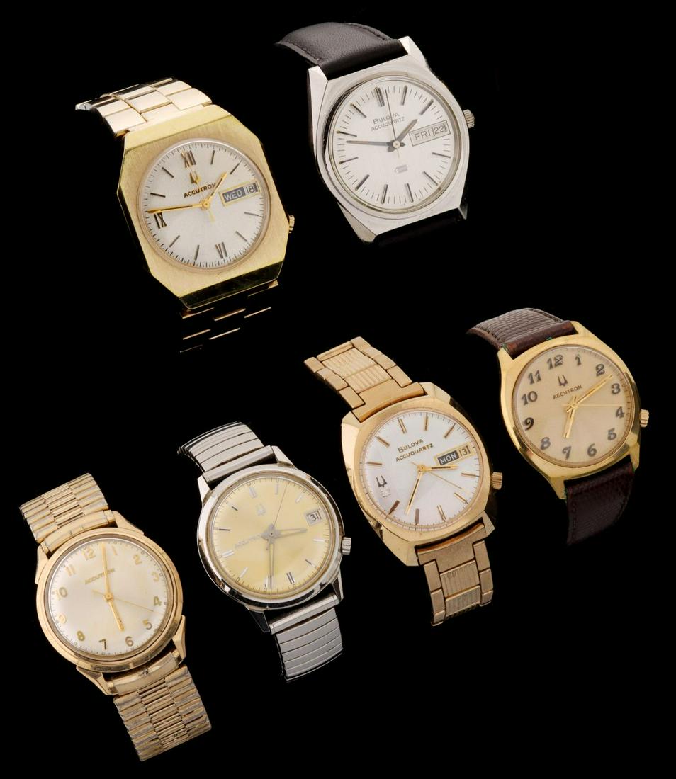 SIX GOOD BULOVA ACCUQUARTZ AND ACCUTRON WRIST WATCHES: Please note that after the auction we will complete invoicing and then immediately close our offices for the remainder of the holiday season. There will be no options for making payment, arranging shi