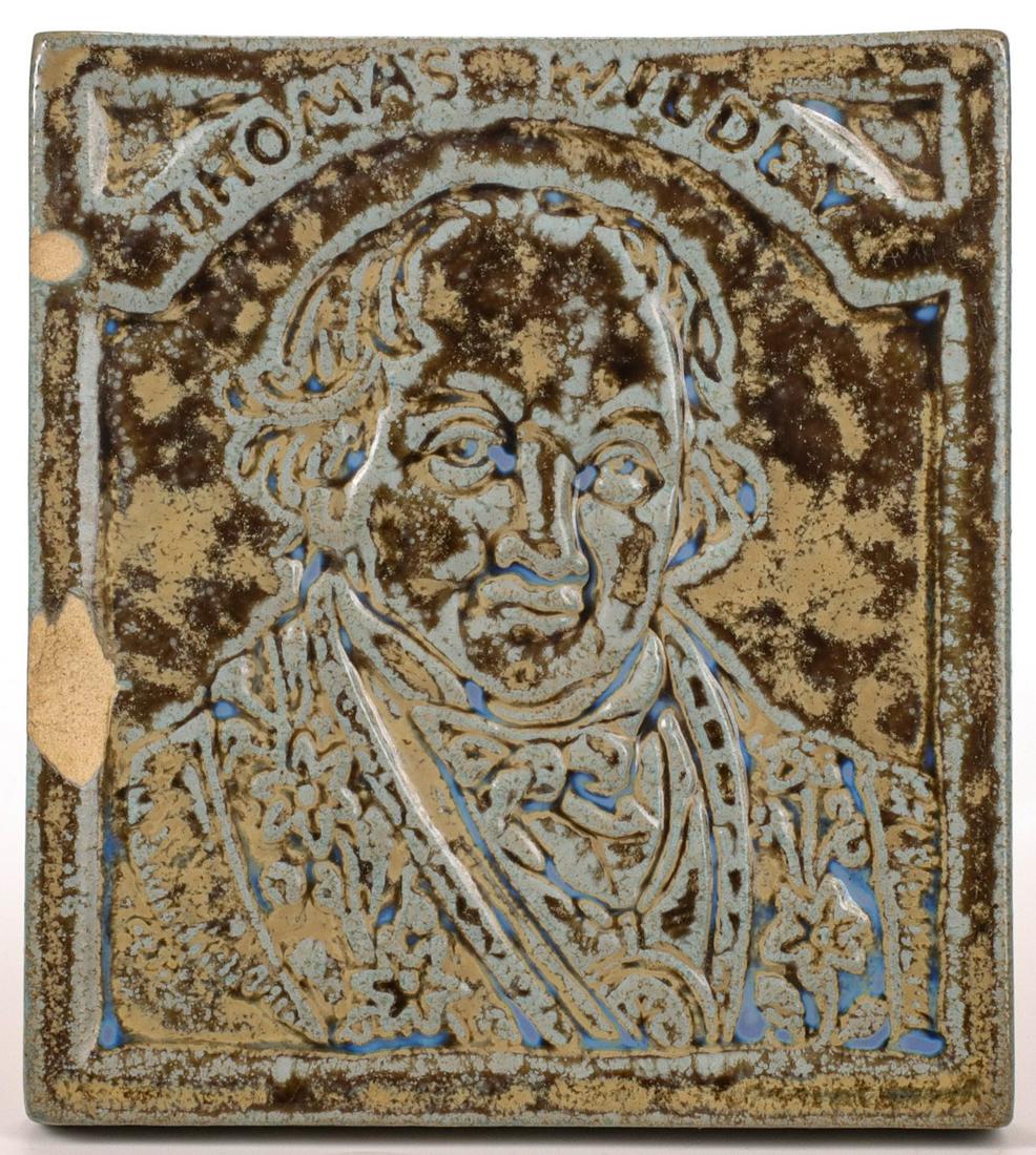 A THOMAS WILDLEY ODD FELLOWS ART POTTERY TILE: Impressed letting on back reads: Compliments of Herbert A. Hughes Grand Representative 100F Zanesville, Ohio. Measures 5.125 inches. Be aware that internet sales tax applies to all Internet transactio