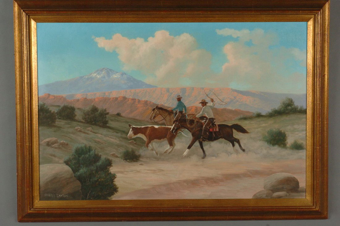 CHARLES DAMROW (1916 - 1989) OIL ON CANVAS WESTERN SUB: Signed lower left, the work measures 24 x 36 inches with a frame size of 30 x 42 inches