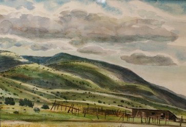 PETER HURD (1904 - 1984) WATERCOLOR ON PAPER NEW MEXICO: Signed lower left, titled on the reverse 'Dona Emilia's Corral, San Patricio, NM'. Measures 10.5 x 14.5 sight size through the current frame opening. Provenance: PH #179 Baker Gallery to the current f