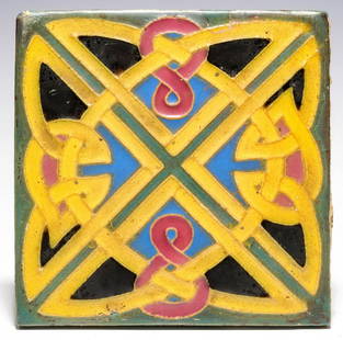 AN ART POTTERY TILE ATTRIBUTED TO WHEATLEY POTTERY: Unsigned. Measures 6 inches. We happily provide seamless in-house packing and shipping services on nearly everything we sell. Until further notice, we cannot offer international shipping in-house.