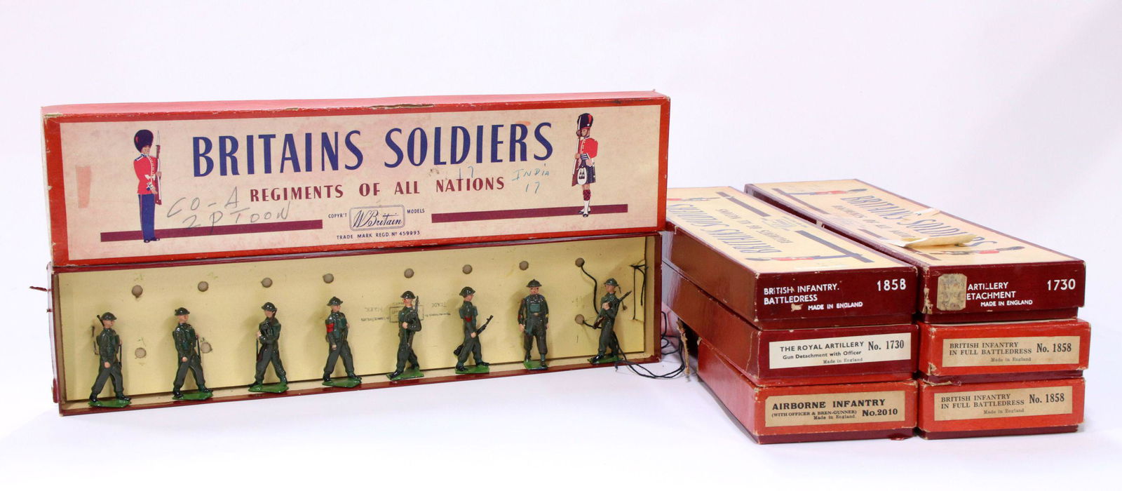 SEVEN SETS OF BRITAINS SOLDIERS WITH R.O.A.N BOXES (1 of 8)