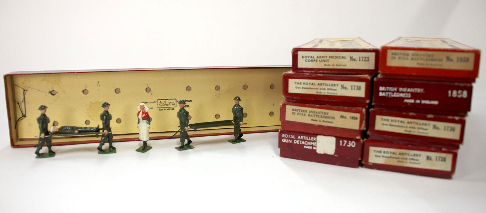 EIGHT SETS OF BRITAINS SOLDIERS WITH R.O.A.N BOXES (1 of 9)