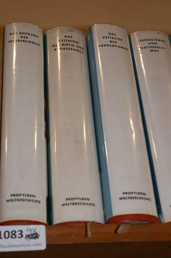 LOT 9 VOLUMES WORLD HISTORY IN GERMAN: 9 VOLUME FROM A 10 VOLUME SET WITH FOLD OUT MAPS, TABBED IN PRINTS, DOCUMENTS, PHOTOGRAPHS, FACSIMILES BOOK PLATES ETC.