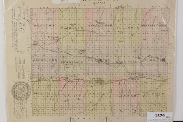 THREE MAPS OF KANSAS: KANSAS MAPS INCLUDE RUSH COUNTY, BLUE RAPIDS MARSHALL COUNTY, AND THE CENTRAL PORTION OF THE CITY OF ATCHINSON, KANSAS. APPROXIMATE SIZE 13" X 17"
