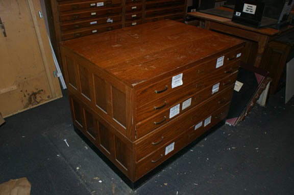 FIVE DRAWER OAK MAP AND PRINT CASE: With paneled sides, measures 33.5 x 46.5 x 34 inches. Case only, no contents.