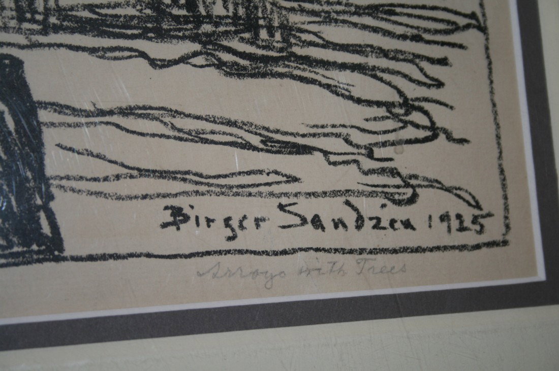 BIRGER SANDZEN PENCIL SIGNED LITHOGRAPH 'ARROYO WITH TR: Signed lower left, titled lower right. Matted and shrink-wrapped. 12 x 18 inch image field. Not examined outside wrapping, appears excellent.