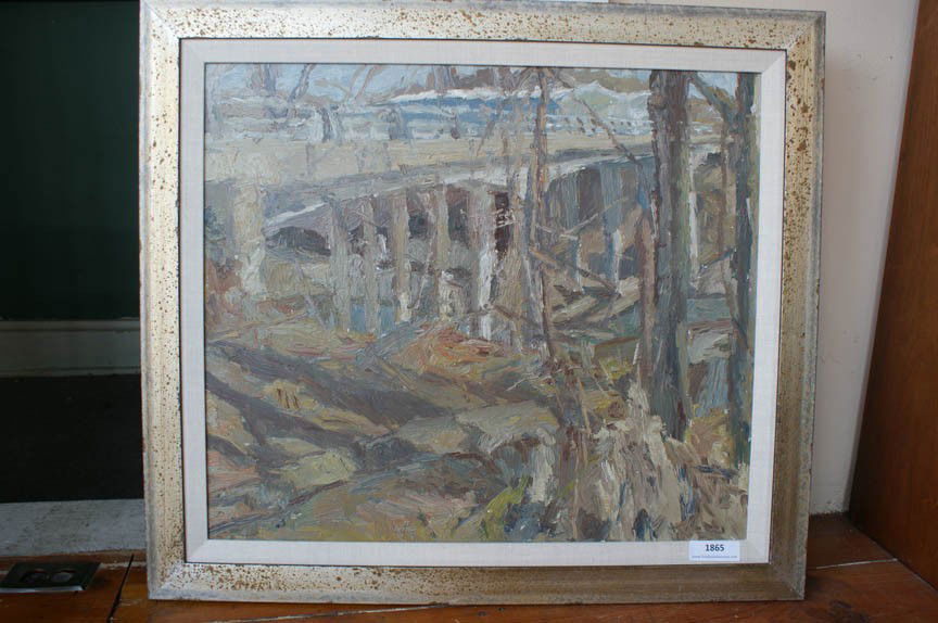 GARY ANGELO KCAI OIL ON BOARD 'THE BENTON STREET BRIDGE: Gary Angelo studied under Stanley Lewis at the K.C. Art Institute, 1977. Unsigned, 24 x 27.75 inches, titled on reverse 'Benton Street Bridge, Brush Creek.' Good condition.