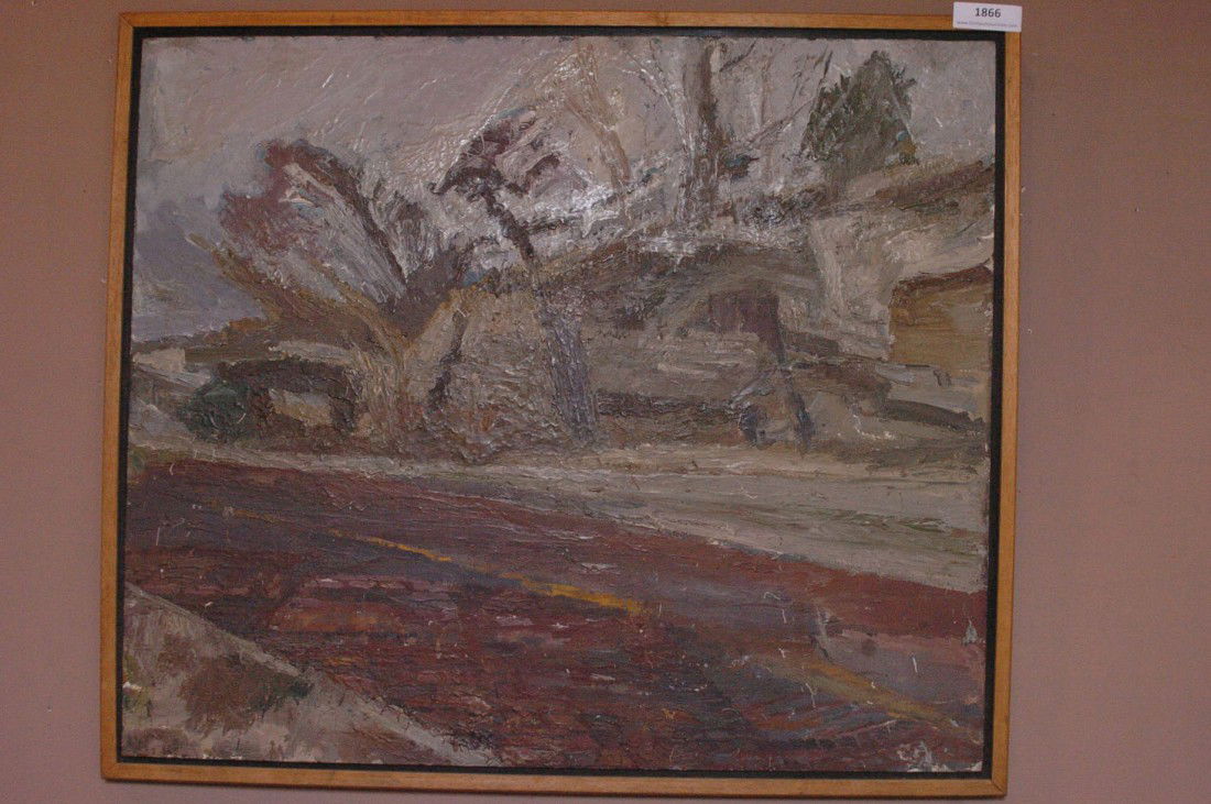 STANLEY LEWIS OIL ON MASONITE 'BRICK ROAD, ROANOKE PKWY: Circa 1984, signed and titled on reverse, Lewis had served as faculty at the K.C. Art Institute. Measures 28 x 33 inches.