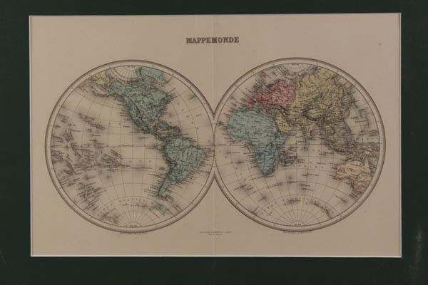 FRENCH MAP OF THE WORLD IN TWO HEMISPHERES: Marked 'Dresse sous la direction de J. Migeon, par Ch. Lacoste, grave par L. Smith. Matted, 11.25 x 17.25 inches. Not examined outside of shrinkwrap, appears excellent.