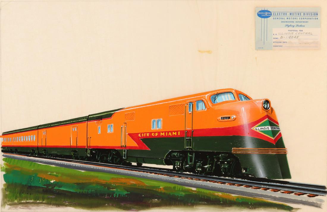 HISTORIC ALTERNATE COLOR SCHEME FOR THE CITY OF MIAMI: The City of Miami Late 1930s. This unsigned original tempera painting on tissue with its label from the Styling Section of General Motors' Electro-Motive Division is an alternative color scheme for th