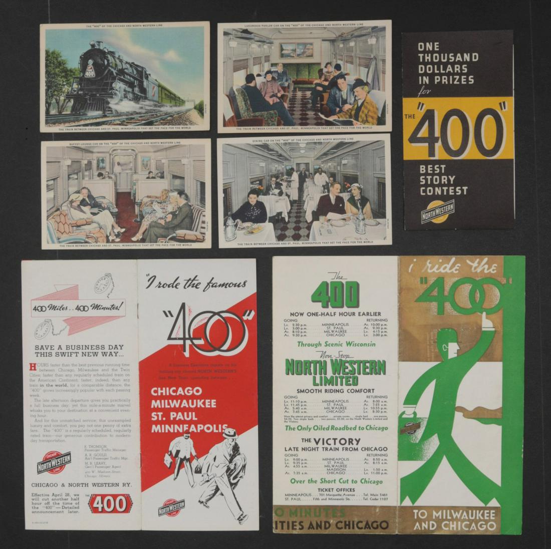 15 PIECES CHICAGO NORTHWESTERN THE '400' EPHEMERA: Most single lots can ship via USPS priority mail for $23.00 plus insurance. Multiple lots can and will be combined which will raise the price. Example of 4 standard lots going to California is $19.09 