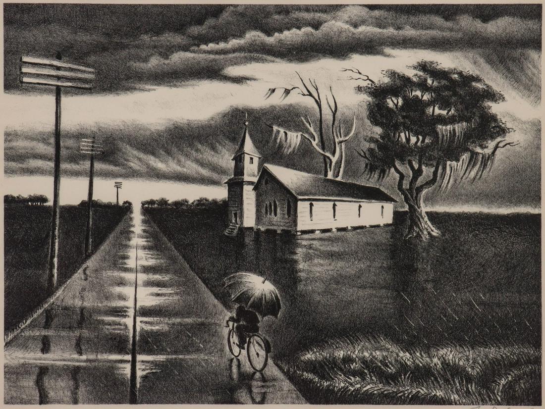 GEORGES SCHREIBER (1904-1977) PENCIL SIGNED LITHO: Georges L. Schreiber (1904-1977) Rain 1942 The lithograph published by Associated American Artists in an edition of 250 prints is signed by the artist in pencil below the image lower right and titled