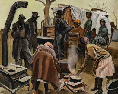 ROBERT HALLOWELL (1886-1939) WPA ARTIST, OIL ON CANVAS: Robert Hallowell (1886-1939) Untitled Hooverville Camp Scene Circa 1935 The best painting by Robert Hallowell to be offered at auction, this undated work of social commentary depicts African Americans