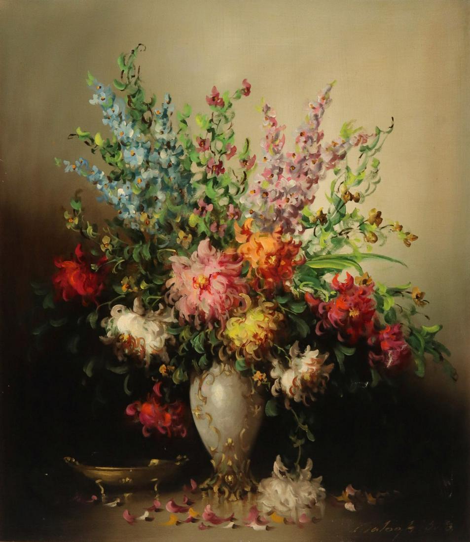 BELA BALOGH (HUNGARIAN Born 1909) OIL ON CANVAS: Bela Balogh (Hungarian, Born 1909) Third quarter of the 20th century. The oil on canvas floral still life with mums is signed lower right front. Canvas measures 31 x 27 with a framed size of 40.25 x 3