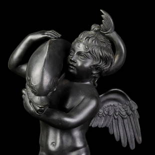 CUPID WITH DOLPHIN AFTER THE ANTIQUE FOUND IN POMPEII: Amore con Delfino Circa 1900 The early 20th century cast bronze group of Amore con Delfino, (Love with Dolphin), is after the antique original discovered in 1862 during the excavation of Pompeii's The