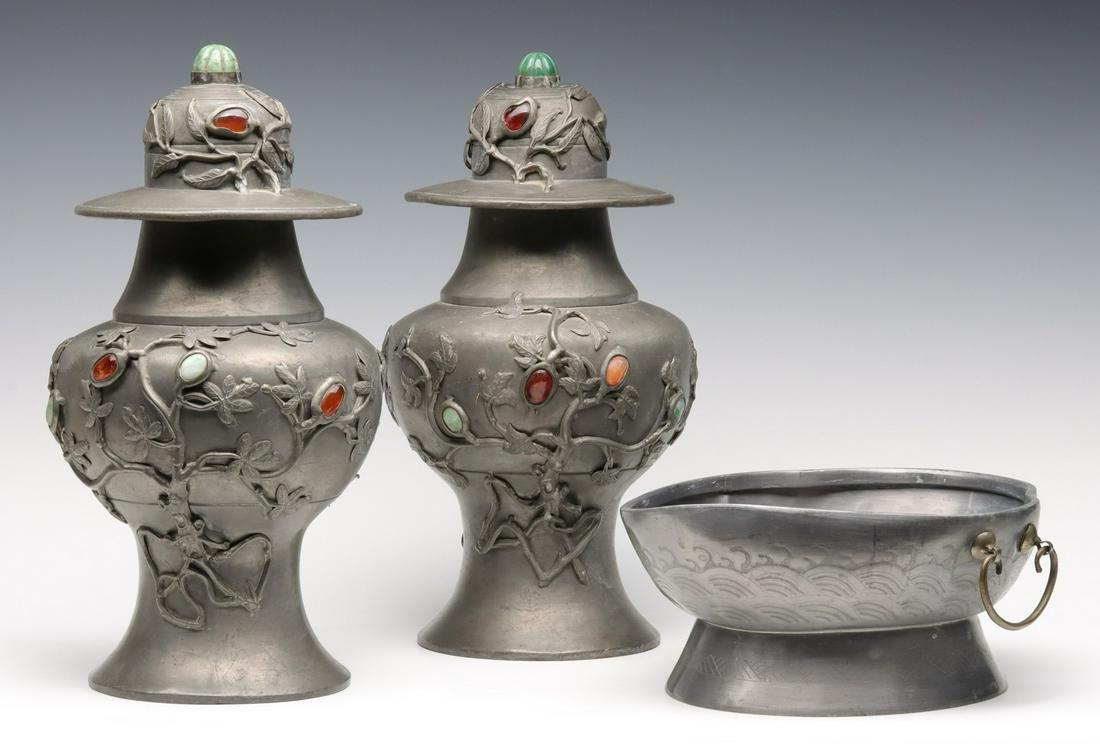 CHINESE PEWTER URNS WITH CARNELIAN AND JADE CABOCHONS (1 of 20)