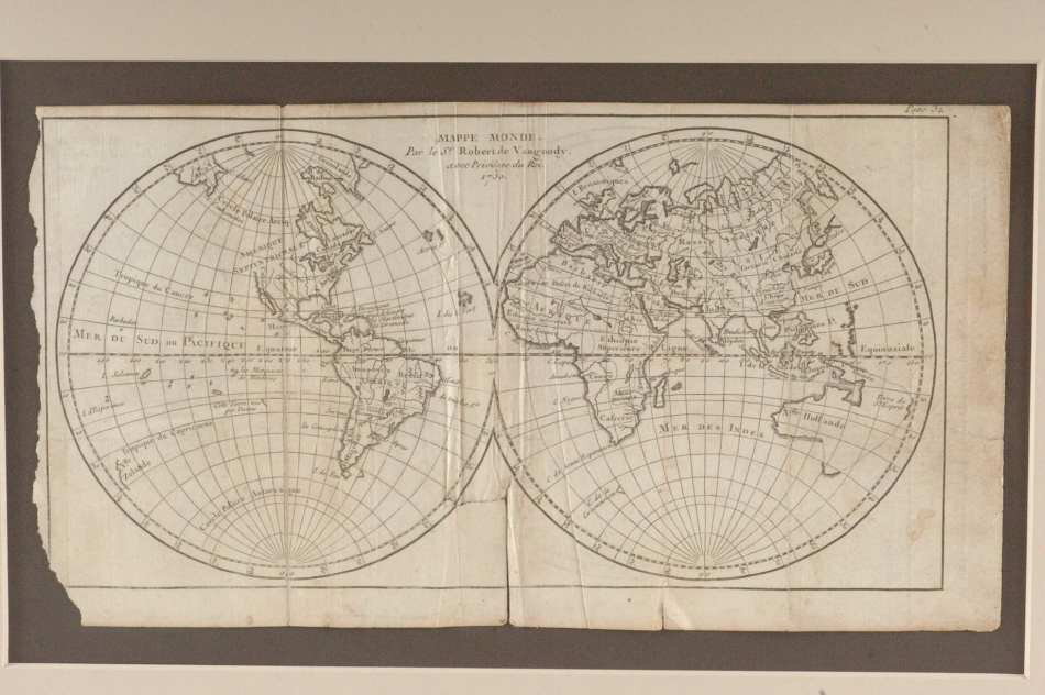 TWIN HEMISPHERE MAP OF THE WORLD 1750: Twin hemisphere map of the world by Robert de Vaugondy, 1750. 6.25 x 11.5 inches, plus matting.