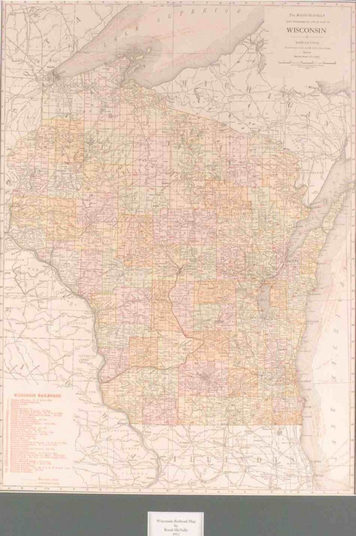 A 1913 WISCONSIN COMMERCIAL MAP BY RAND MCNALLY: Map of Wisconsin titled 'New Commercial Atlas Map.' Professionally matted, 25.75 x 18.75 inch sight size.