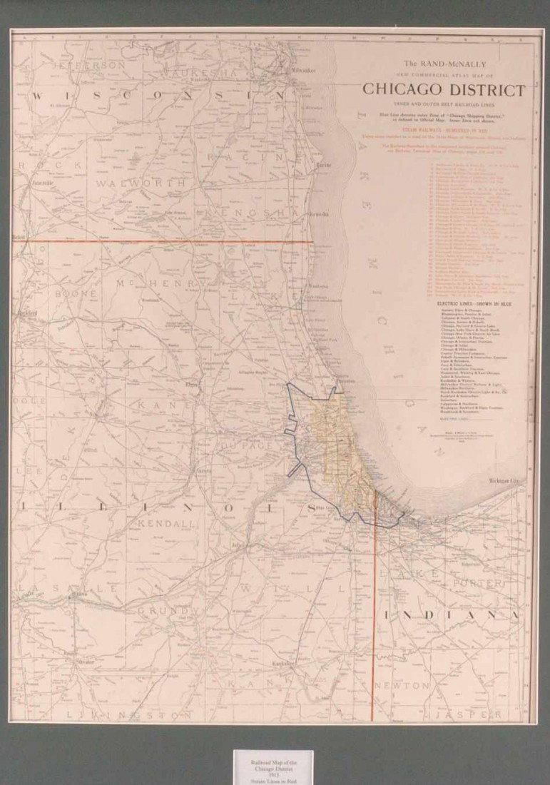 A 1913 COMMERCIAL & RAILROAD MAP OF CHICAGO: Rand, McNally 'New Commercial Atlas Map of Chicago District.' Professionally matted, 24.75 x 19 inch sight size.