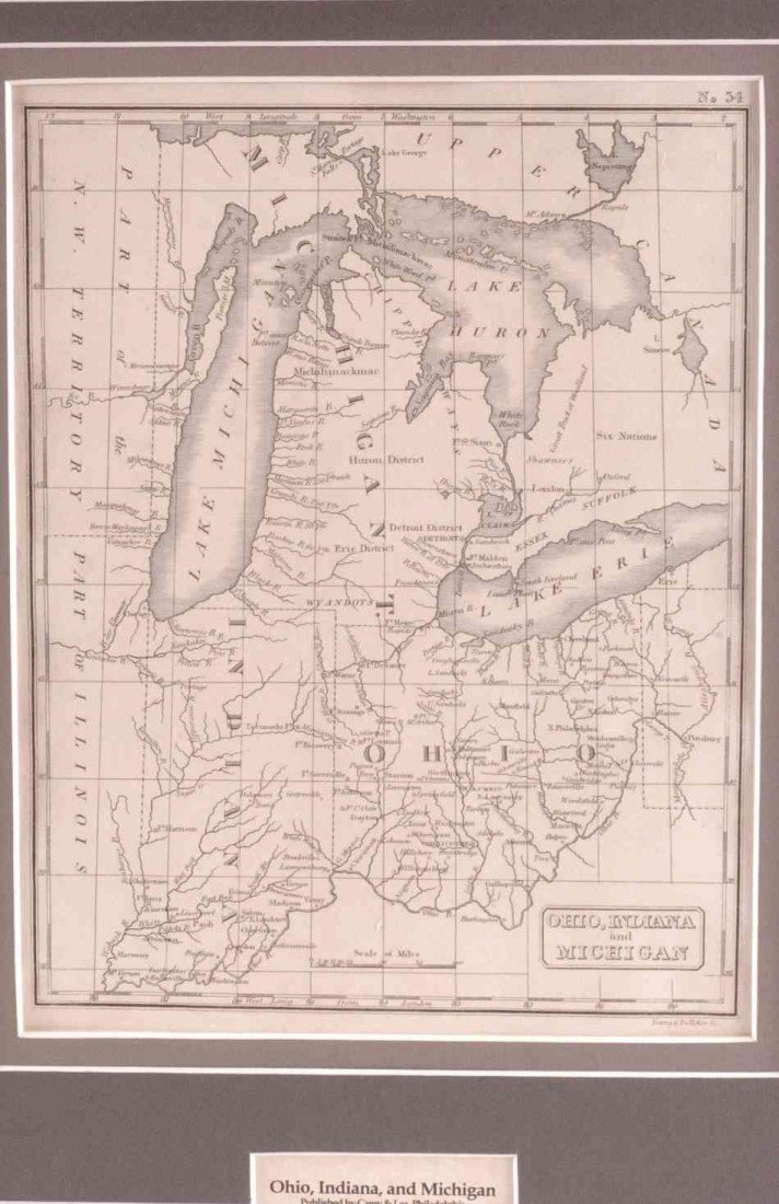 TWO 19TH CENTURY MAPS OF CLEVELAND, OHIO AND MICHIGAN: Includes an 1822 map of Ohio, Indiana, and Michigan, by Carey and Lea, professionally matted, 10 x 7.75 inch sight size; also a Rand McNally map of Cleveland, from the 'Atlas of the World, 1895,' matt