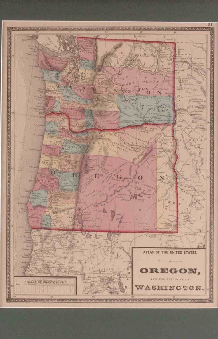 TWO 19TH CENTURY MAPS OF THE PACIFIC NORTHWEST: Includes a map of Washington and Oregon, circa 1868, professionally matted, 15.75 x 12 inch sight size; plus an unmatted map of the region by Johnson and Ward, circa 1860's. 14 x 18 inches overall.