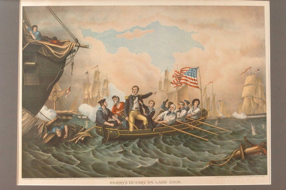 KURZ AND ALLISON PERRY'S VICTORY ON LAKE ERIE LITHOGRAP: Circa 1885 chromolithograph by Kurz and Allison, Chicago. Matted in archival materials, 19 x 25.75 inch sight size.