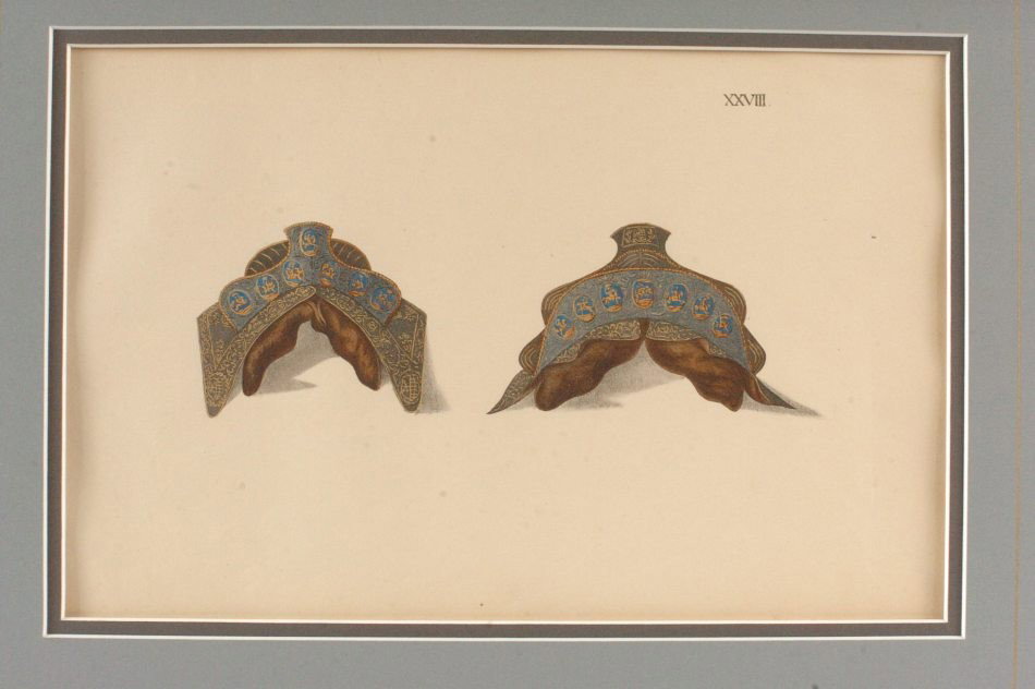 THREE ENGRAVINGS FROM DEUTSCHER RITTERSAAL, 1836: Three hand-colored engravings from 'Deutscher Rittersaal,' by Friedrich Martin von Reibish, Dresden, 1836. Plates XVIII, XXIII, XXVIII. 8.5 x 13 inch sight sizes. Professionally matted in archival mat