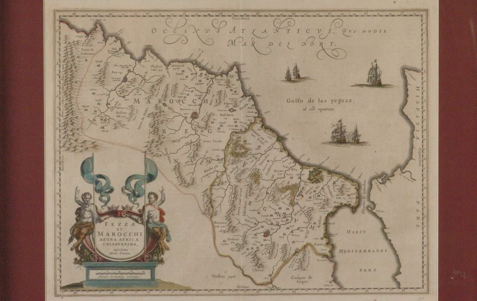ABRAHAM ORTELIUS MAP OF FEZZAE AND MOROCCO, 1570: Abraham Ortelius (1528-1598), from 'Theatrum Orbis Terrarum,' Antwerp, 1570, widely considered the first modern atlas. Professionally matted and framed, 16.25 x 20.5 inch sight size, 24 x 28.5 inches