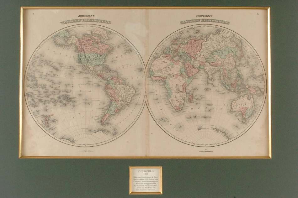 1861 JOHNSON AND BROWNING TWIN HEMISPHERE WORLD MAP: Successors of the Colton Map Co. Alaska is still Russian on this map, Antarctic and parts of Africa are still terra incognita. 16 x 26.5 inch sight size. Professionally matted in archival material.