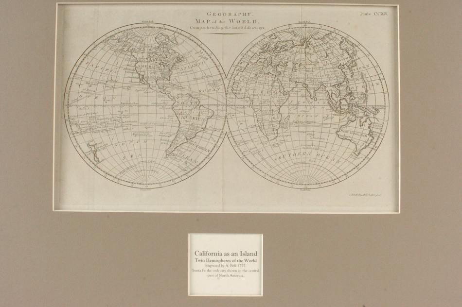 TWIN HEMISPHERE MAP OF THE WORLD 1777 BY A. BELL: Engraved by A. Bell, 1777. Plate CCXIV. Santa Fe is the only N. American city listed, early states of the US southeast are outlined. Professionally matted in archival material, 9 x 14.5 inches.