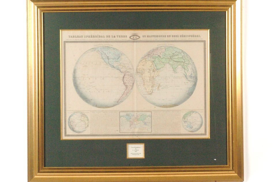 F.A. GARNIER TWIN HEMISPHERE WORLD MAP, 1860: Map no. 13, titled 'Tableau Spheroidal de la Terre, Ou Mappemonde en Deux Hemispheres.' Inset maps below. Printed in Paris. Professionally matted and framed in archival material. 37.75 x 43 inches ove