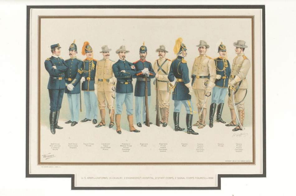 ARCHIVE OF SIX WERNER US ARMY UNIFORM LITHOGRAPHS, 1899: Six prints total, includes 'Uniforms, (4 Cavalry, 2 Engineers, 1 Hospital, 2 Staff Corps, 2 Signal Corps Figures), 'Artillery Field Equipment,' 'Lieutenant, Midshipman and armed Seamen - 1830,' 'First