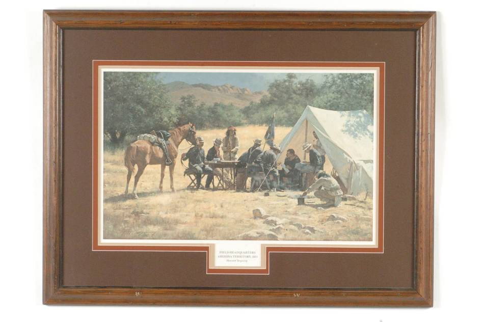 HOWARD TERPNING PENCIL SIGNED PRINT FIELD HEADQUARTERS: Howard Terpning, (1927- ). Pencil signed lower left, edition numbered 97/975, titled 'Field Headquarters, Arizona Territory, 1885.' Professionally matted and framed in archival materials. 26.25 x 35 i