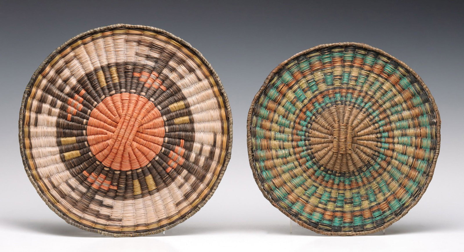 TWO GOOD BRIGHTLY COLORED HOPI WICKER BASKETRY PLAQUES (1 of 16)