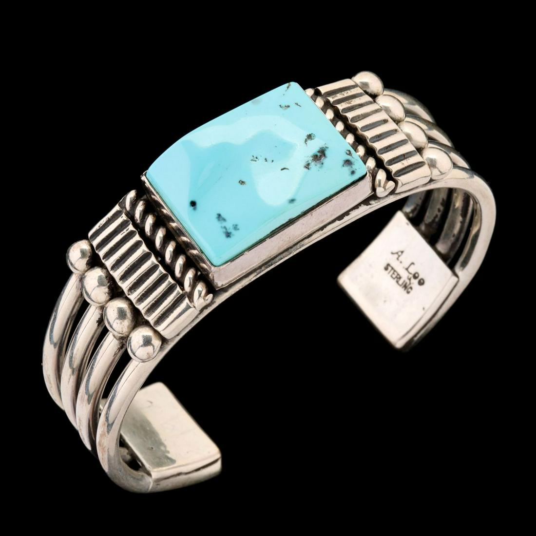 A STERLING CUFF WITH TURQUOISE SIGNED ALLISON LEE (1 of 9)