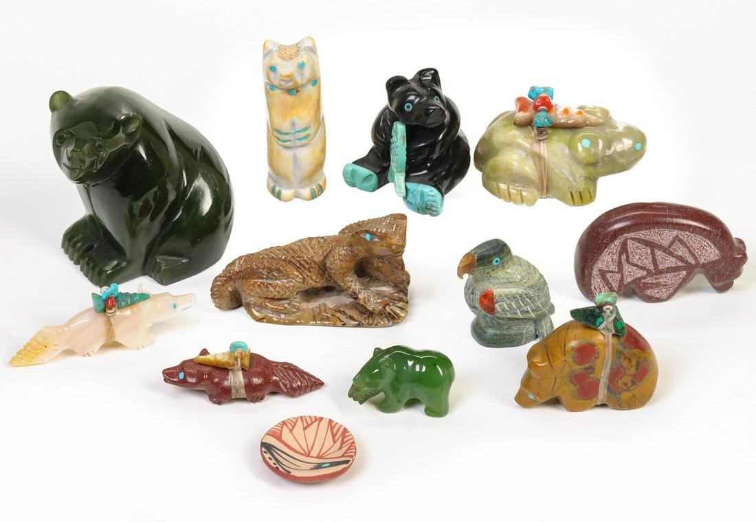 CATLINITE, TURQUOISE, PETRIFIED BONE, OTHER ZUNI FETISH: The collection with inlays and embellishments is offered as shown. Measures from 0.25 to 2 inches tall. Provenance: The Susan Koehn Estate Trust Newton, Kansas Without proof of exemption, be aware tha