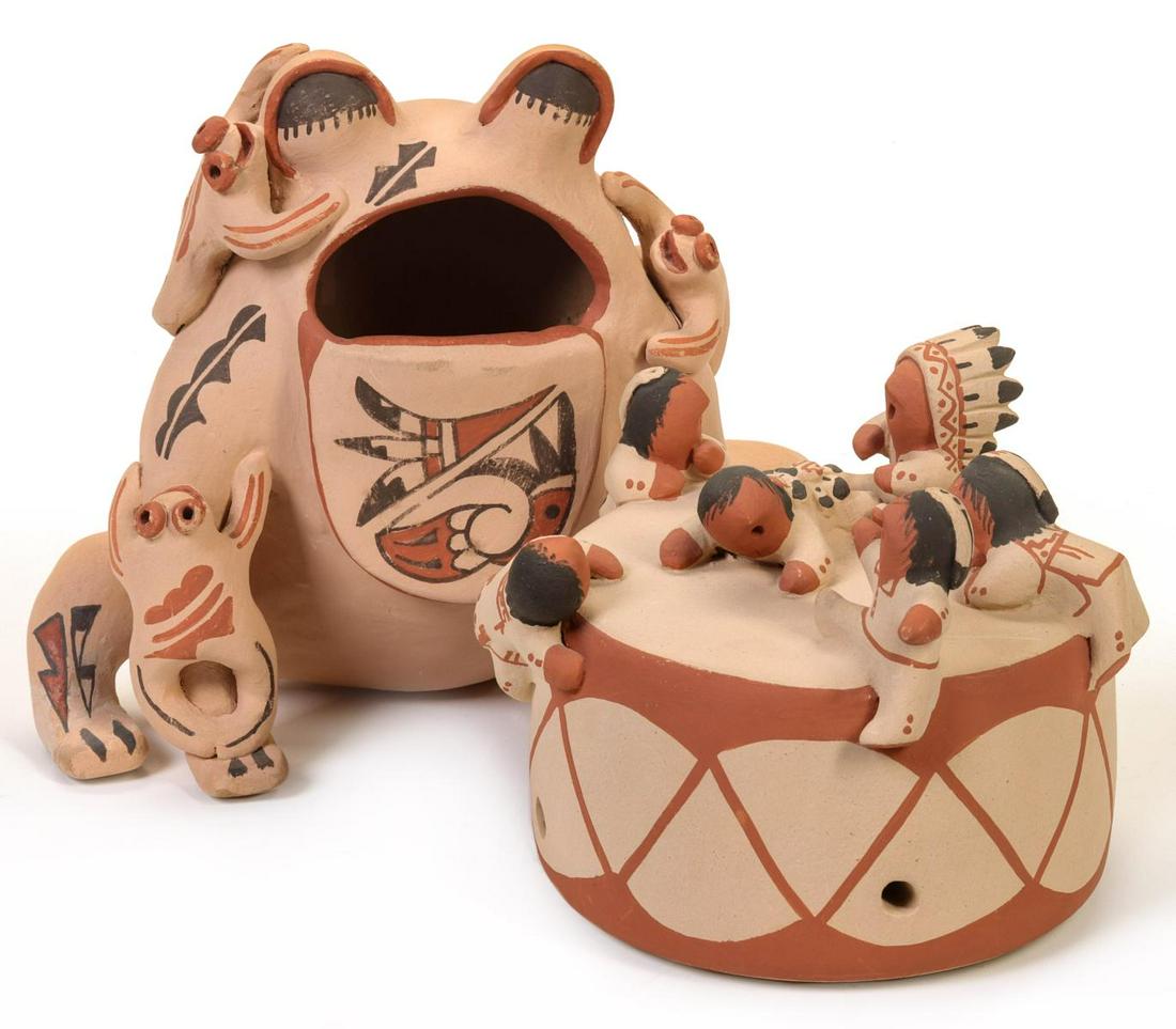 TWO CONTEMPORARY PUEBLO POTTERY STORYTELLER SCULPTURES (1 of 10)