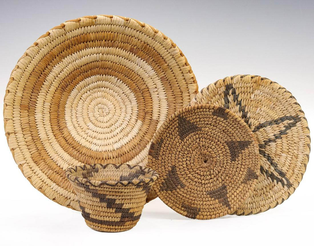 A COLLECTION OF PAPAGO BASKETRY ITEMS: The mid to late 20th century examples are offered as s group as shown. Measures from 6.25 to 3.25 x 5 inches. Provenance: The Susan Koehn Estate Trust Newton, Kansas Without proof of exemption, be awa