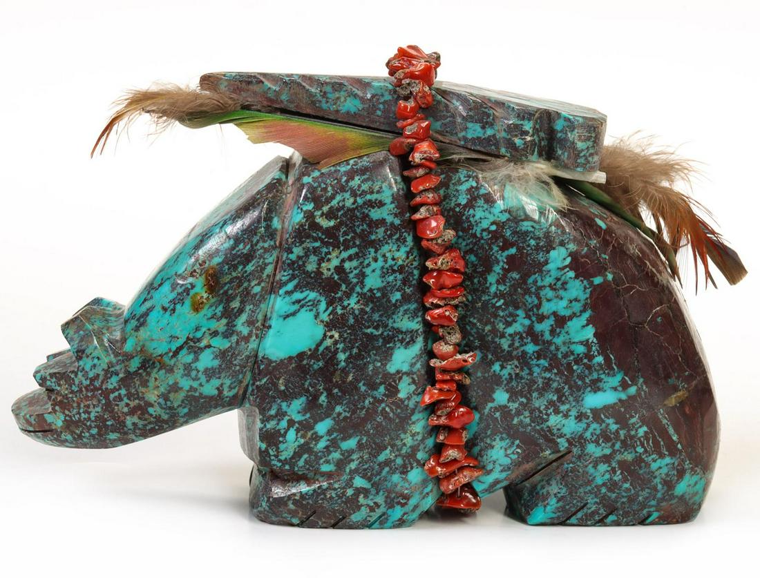 A LARGE ZUNI CARVED CHRYSOCOLLA AND CORAL BEAR FETISH (1 of 10)