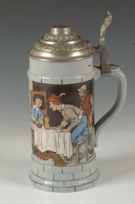 METTLACH ETCHED ONE LITER STEIN 2880, FRITZ QUINDE: Etched drinking scene, design of Fritz Quidenus and signed F on one table leg, Q on the other, Munich Child on the thumb lift, measures 10 inches.