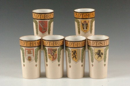 SIX METTLACH PAINT UNDER GLAZE TUMBLERS: Numbered 1200 in ink, impressed mark 2327, each measures 5 inches.