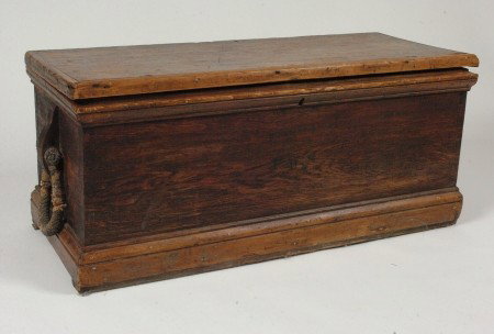 SEA CHEST W/ BECKETTS, STACKPOLE THOMASTON ME: Lettered in the lid, good original around including woven and knotted Sailor's becketts, dovetailed oak-like case - top and bottom; pine trim including front trim of lid while side trim pieces on the 